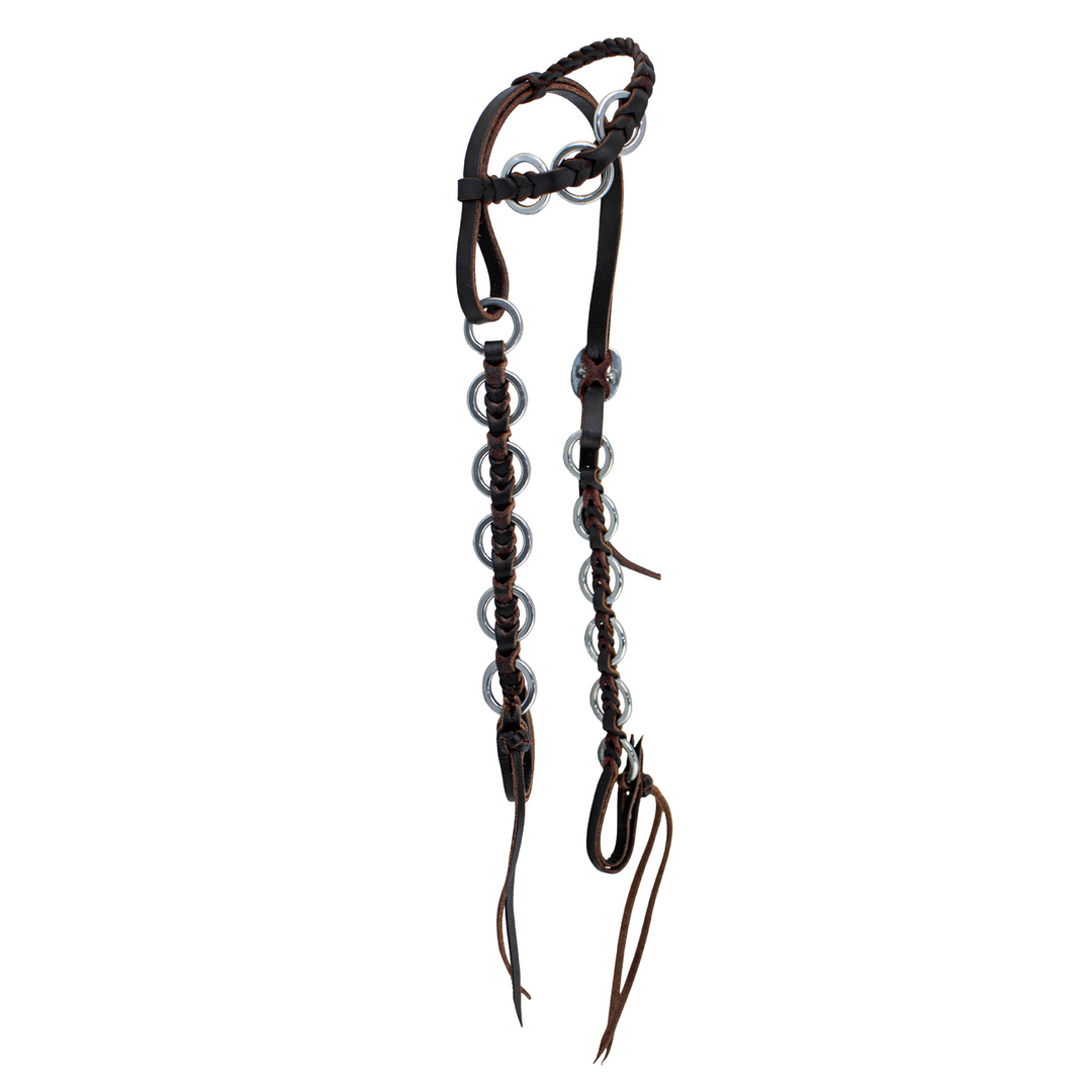 One ear headstall with leather braided ear and cheeks with rings and rosette quick change attachments.