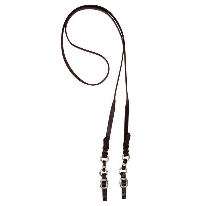 Dark oil smooth leather roping reins with 2 rings and rawhide buttons and buckle quick change ends.