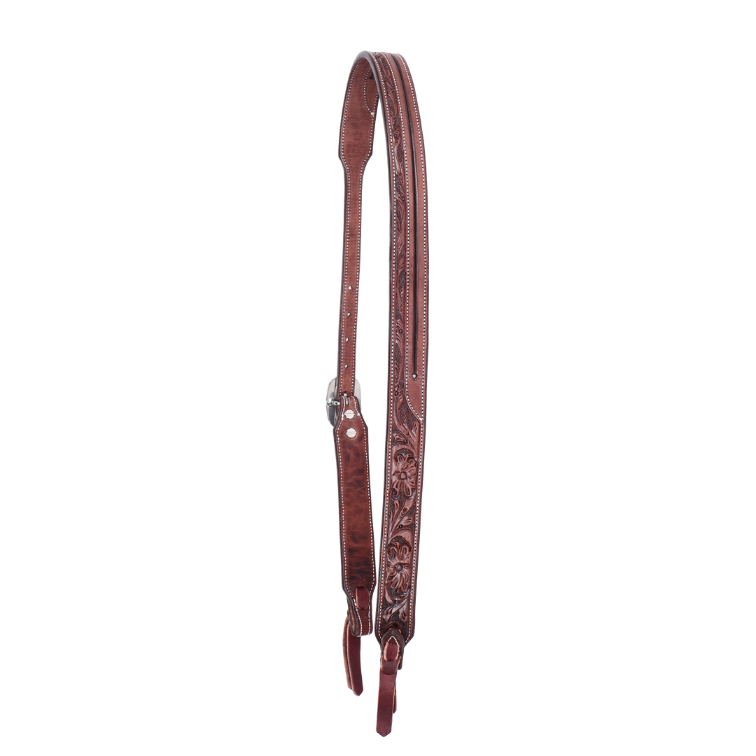 Floral tooled dark oil slit ear headstall with stainless buckle with blood knot bit attachment.