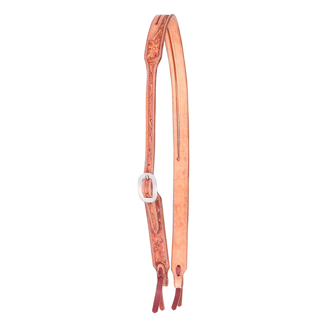 Floral tooled slit ear headstall with stainless buckle with blood knot bit attachment.