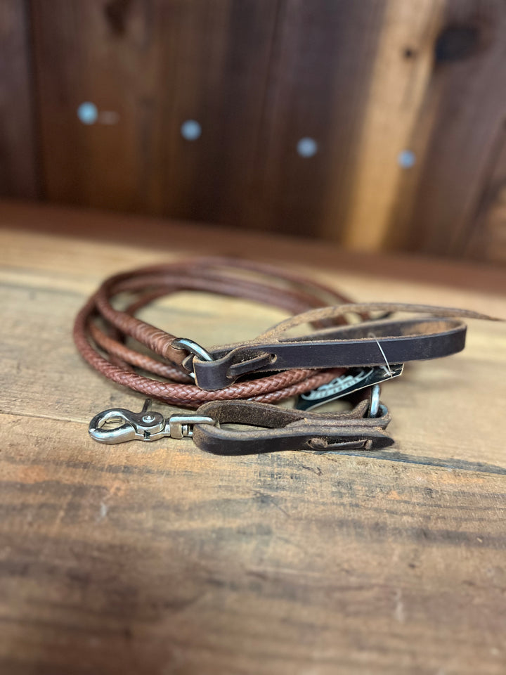 Hand braided super fine goat leather roping reins with snap end on one side and water loop on other side.