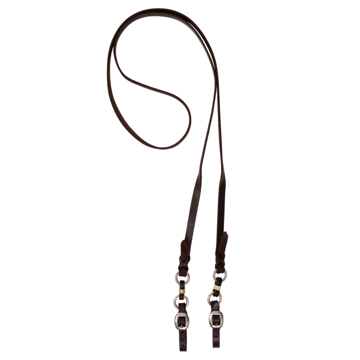 Dark oil smooth leather roping reins with 2 rings and rawhide buttons and buckle quick change ends.